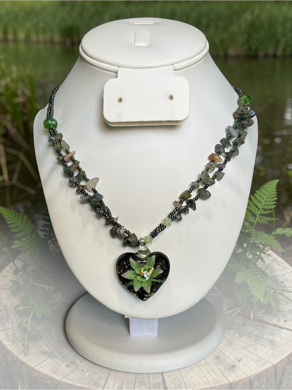 Handmade Green Beaded Glass Heart Pendant Necklace